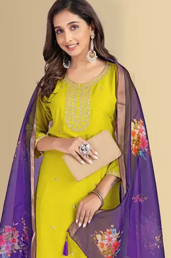 Lemon color silk blend embroidred kurti pant dupatta