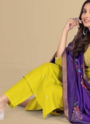 Lemon color silk blend embroidred kurti pant dupatta 5