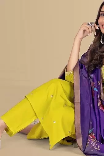Lemon color silk blend embroidred kurti pant dupatta