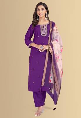 Purple color silk blend embroidred kurti pant dupatta 1