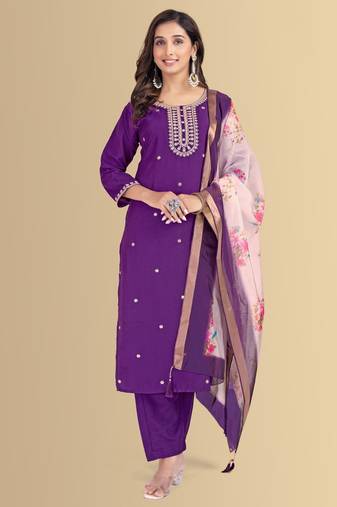 Purple color silk blend embroidred kurti pant dupatta