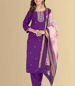 Purple color silk blend embroidred kurti pant dupatta