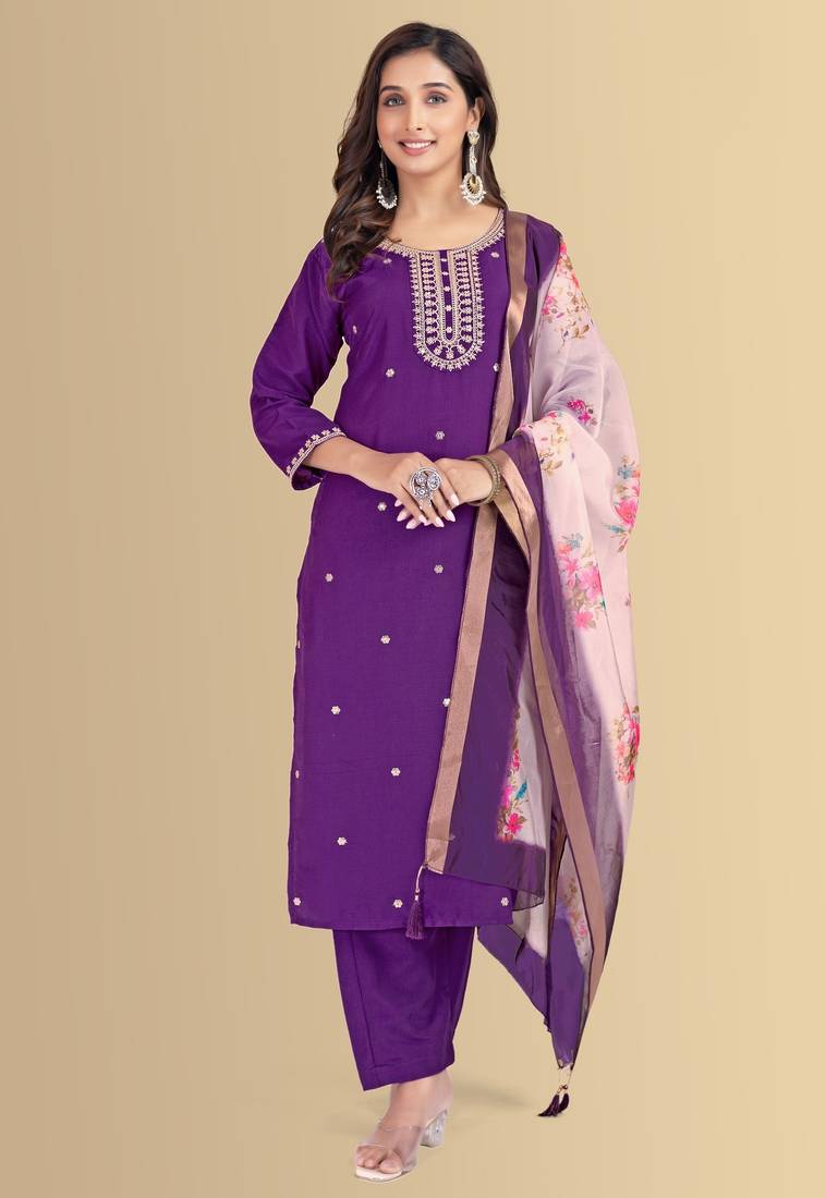 Purple color silk blend embroidred kurti pant dupatta