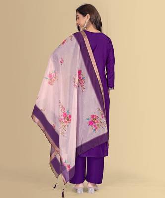 Purple color silk blend embroidred kurti pant dupatta 2