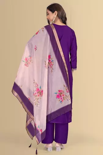 Purple color silk blend embroidred kurti pant dupatta