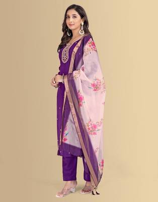 Purple color silk blend embroidred kurti pant dupatta 3