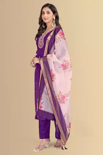 Purple color silk blend embroidred kurti pant dupatta