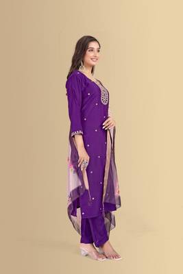 Purple color silk blend embroidred kurti pant dupatta 4