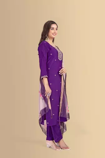 Purple color silk blend embroidred kurti pant dupatta