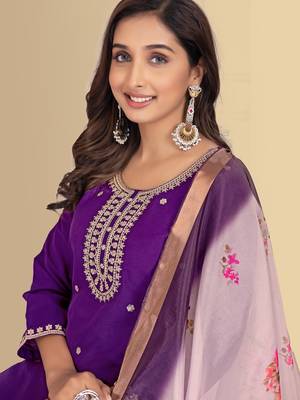 Purple color silk blend embroidred kurti pant dupatta 5