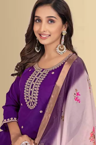Purple color silk blend embroidred kurti pant dupatta