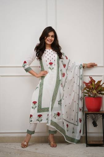 White Floral Printed Cotton Kurta Pant Set with Dupatta