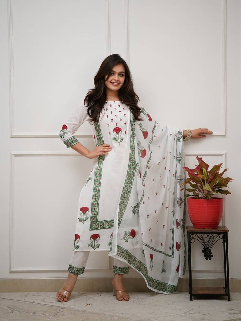 White Floral Printed Cotton Kurta Pant Set with Dupatta