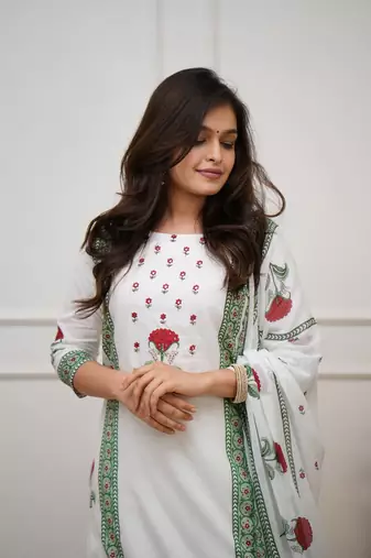 White Floral Printed Cotton Kurta Pant Set with Dupatta