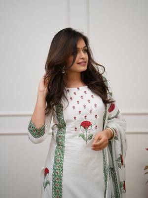 White Floral Printed Cotton Kurta Pant Set with Dupatta 3