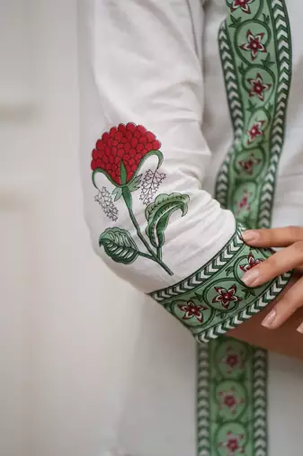 White Floral Printed Cotton Kurta Pant Set with Dupatta
