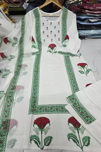 White Floral Printed Cotton Kurta Pant Set with Dupatta