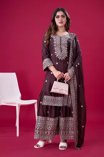 Chinnon Silk Embroidery Sequence Work Top-Plazo and Dupatta Set