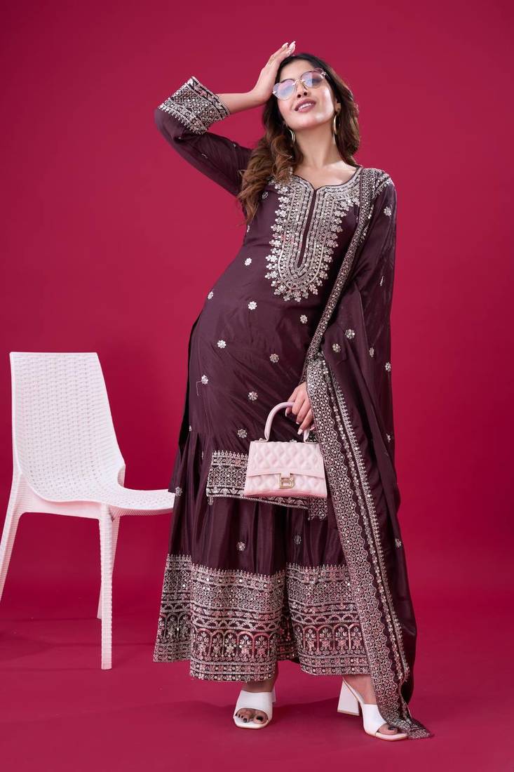 Chinnon Silk Embroidery Sequence Work Top-Plazo and Dupatta Set