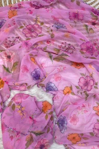 beautiful pink georgette floral printed saree with hand work finish