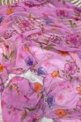 beautiful pink georgette floral printed saree with hand work finish