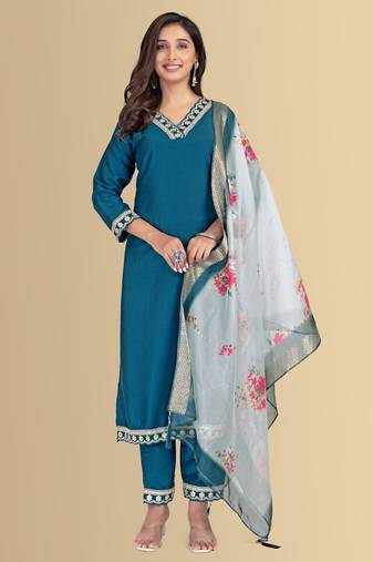 Blue color silk blend v-neck embroidred kurti pant dupatta