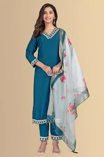 Blue color silk blend v-neck embroidred kurti pant dupatta