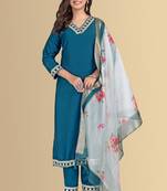 Blue color silk blend v-neck embroidred kurti pant dupatta