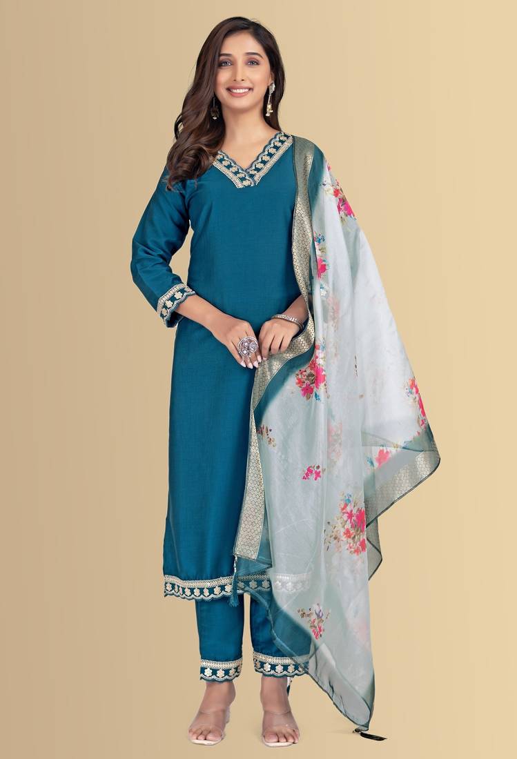 Blue color silk blend v-neck embroidred kurti pant dupatta