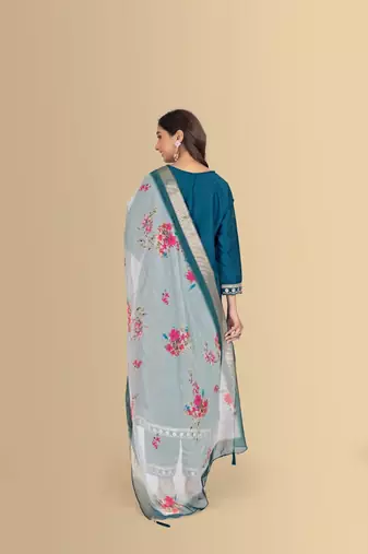 Blue color silk blend v-neck embroidred kurti pant dupatta