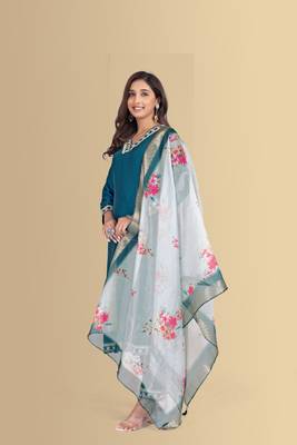 Blue color silk blend v-neck embroidred kurti pant dupatta 3
