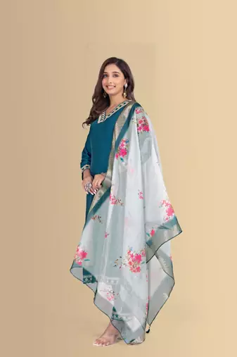 Blue color silk blend v-neck embroidred kurti pant dupatta