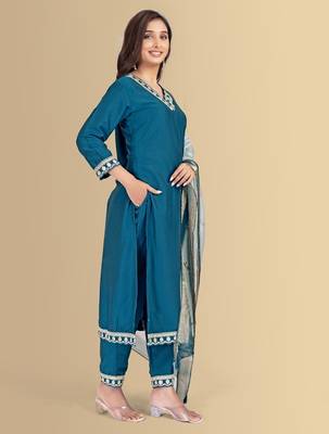 Blue color silk blend v-neck embroidred kurti pant dupatta 4