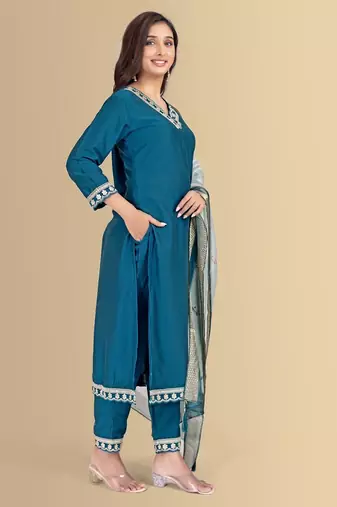 Blue color silk blend v-neck embroidred kurti pant dupatta