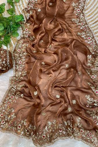 latest rust orange fendy silk embroidery saree for women ethnic wear