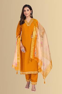 Musturd color silk blend v-neck embroidred kurti pant dupatta 1