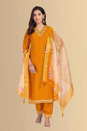 Musturd color silk blend v-neck embroidred kurti pant dupatta