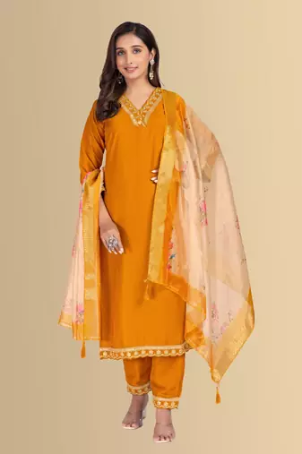 Musturd color silk blend v-neck embroidred kurti pant dupatta