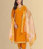 Musturd color silk blend v-neck embroidred kurti pant dupatta