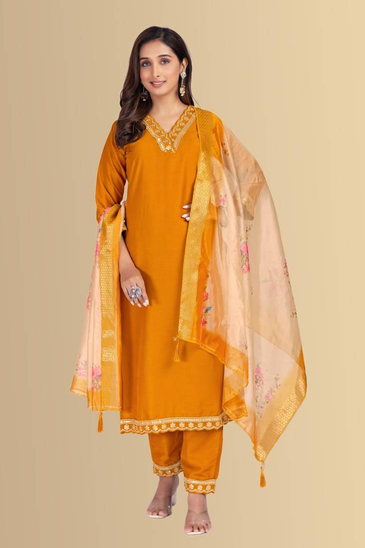 Musturd color silk blend v-neck embroidred kurti pant dupatta