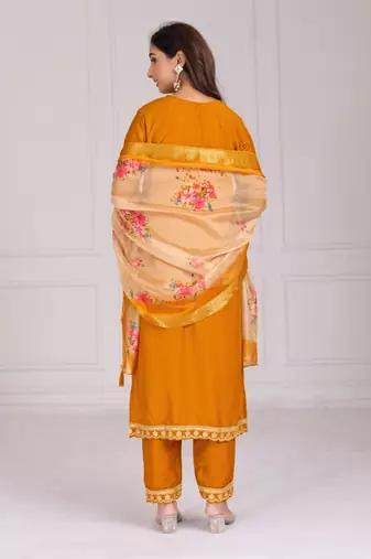 Musturd color silk blend v-neck embroidred kurti pant dupatta