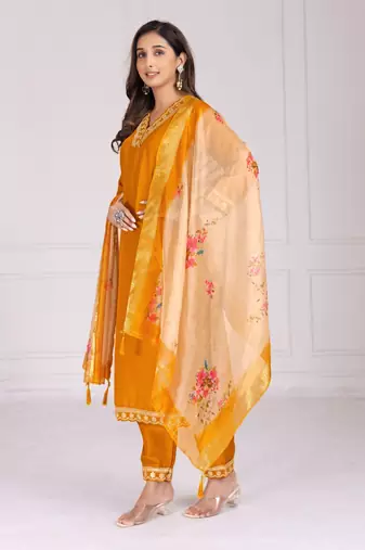 Musturd color silk blend v-neck embroidred kurti pant dupatta