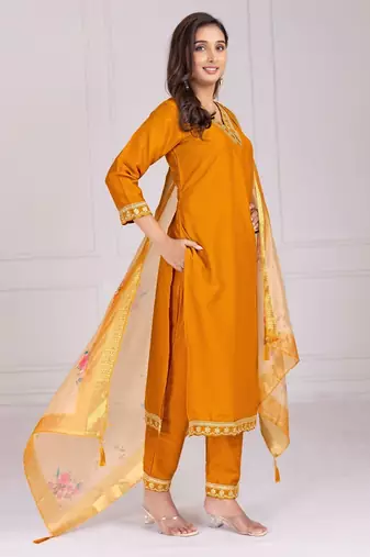 Musturd color silk blend v-neck embroidred kurti pant dupatta