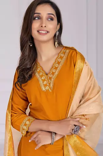 Musturd color silk blend v-neck embroidred kurti pant dupatta