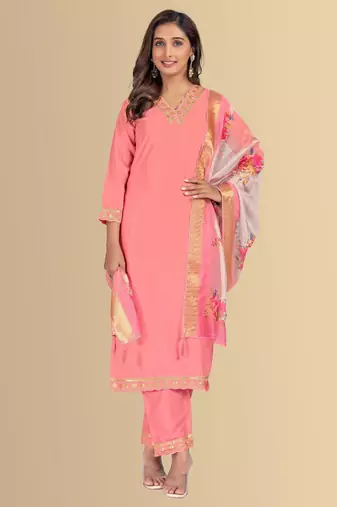 Peach color silk blend v-neck embroidred kurti pant dupatta