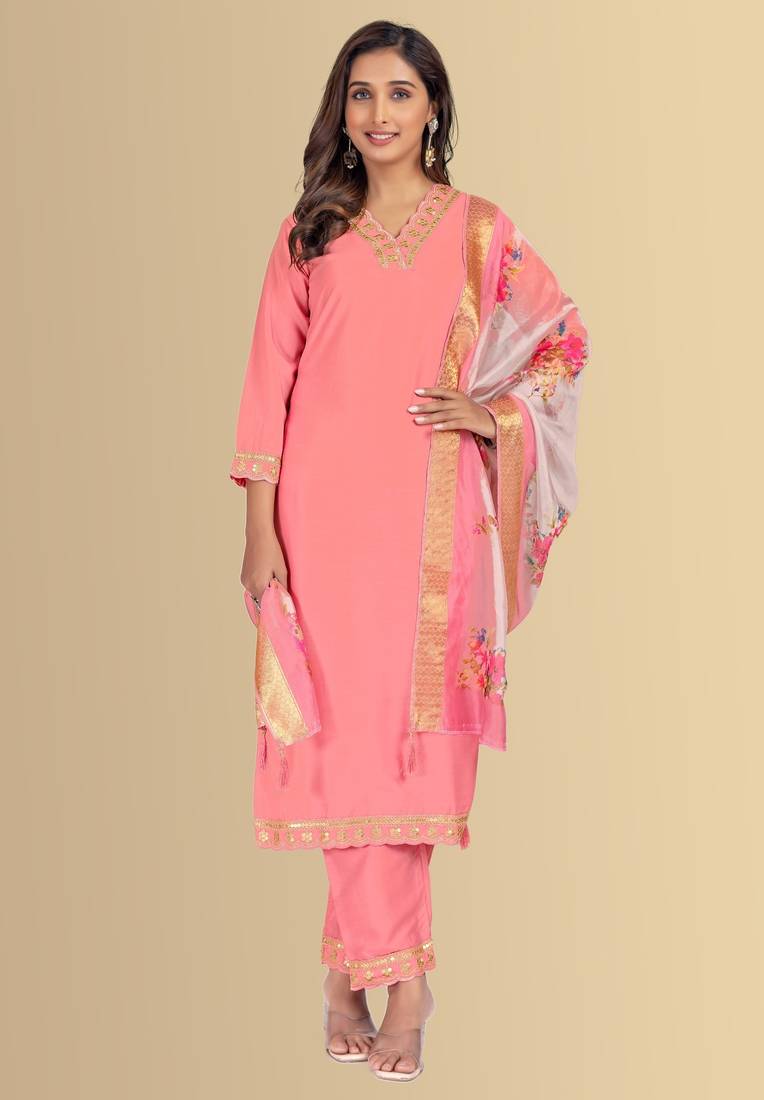Peach color silk blend v-neck embroidred kurti pant dupatta