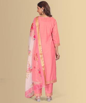 Peach silk blend v-neck embroidred kurti pant dupatta 2