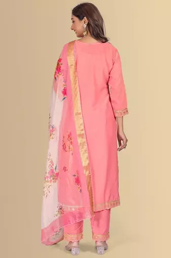 Peach color silk blend v-neck embroidred kurti pant dupatta