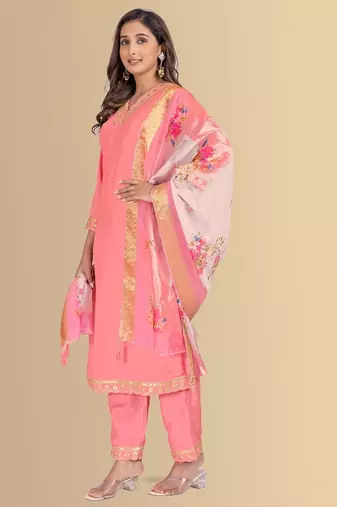Peach color silk blend v-neck embroidred kurti pant dupatta