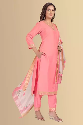 Peach color silk blend v-neck embroidred kurti pant dupatta